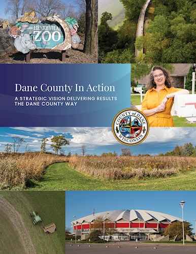 Collage featuring the Henry Vilas Zoo, scenic views, a farm, and the Dane County Coliseum with a Dane County seal.